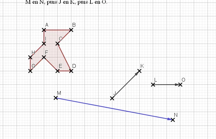 Polygone et vecteurs de translation Polygone ABCDEFGHI sur quadrillage et les flèches M vers N, J vers K, L vers O — exercice de maths en 4ème sur la construction par translation