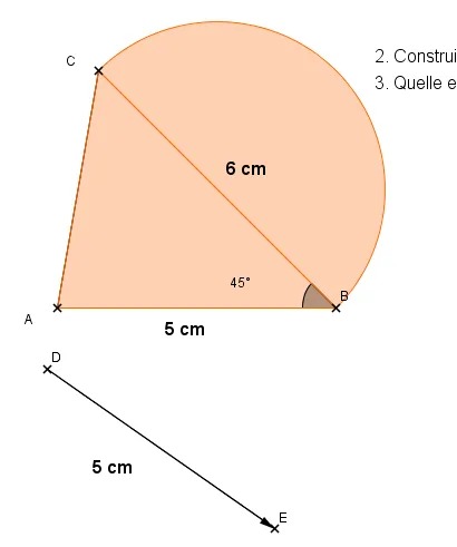 Figure orange ABC et vecteur DE Secteur orange ABC avec AB = 5 cm, angle de 45°, BC = 6 cm et vecteur DE — exercice de maths en 4ème sur la translation