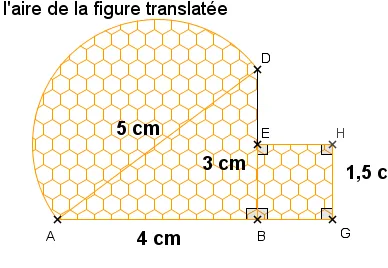 Figure orange à translater Figure orange hachurée : triangle ABD rectangle en B avec quart de disque et carré EHGB, côtés 5 cm, 3 cm, 4 cm et 1,5 cm — exercice de maths en 4ème sur la translation
