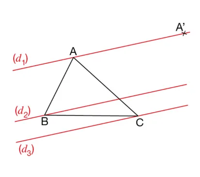 Triangle ABC et droites parallèles Triangle ABC entre trois droites parallèles (d1), (d2), (d3) avec le point A’ sur (d1) — exercice de maths en 4ème sur la translation
