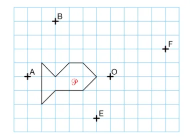 Figure P et points A, B, O, E, F Quadrillage avec une figure en forme de poisson noté P et les points A, B, O, E, F — exercice de maths en 4ème sur symétries et translation