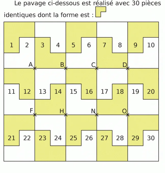 Pavage de 30 pièces numérotées Pavage de 30 pièces jaunes et blanches numérotées avec points A, B, C, D, F, H, N, O — exercice de maths en 4ème sur la translation