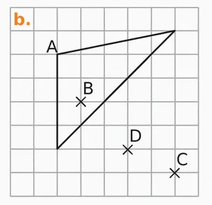 Triangle et points B, C, D, cas b Grand triangle de sommet A sur quadrillage avec les points B, C, D, cas b — exercice de maths en 4ème sur la translation