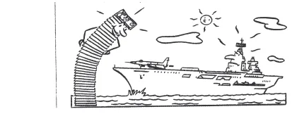Porte-avions et pile de billets Dessin d'un porte-avions à côté d'une très haute pile de billets de banque — exercice de maths en 4ème sur les puissances de 10