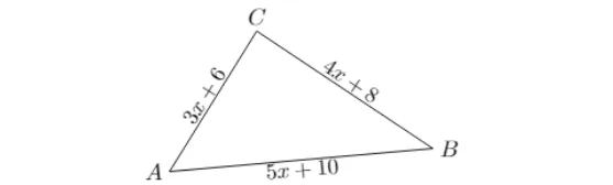 Triangle ABC aux côtés en fonction de x Triangle ABC avec AC = 3x + 6, CB = 4x + 8 et AB = 5x + 10 — exercice de maths en 4ème sur la réciproque du théorème de Pythagore
