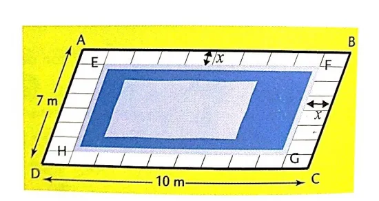 Piscine ABCD avec bordure de largeur x Piscine rectangulaire ABCD de 10 m sur 7 m avec bordure de largeur x entourant le bassin EFGH — exercice de maths en 4ème sur le calcul littéral