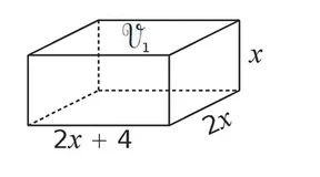 Pavé droit de dimensions 2x+4, 2x, x Pavé droit de volume V1 aux dimensions 2x + 4, 2x et x — exercice de maths en 4ème sur le volume et le calcul littéral