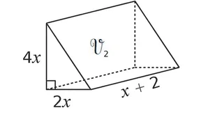 Prisme droit de hauteur 4x, longueur x+2 Prisme droit de volume V2 à base triangulaire rectangle de côtés 4x et 2x, de longueur x + 2 — exercice de maths en 4ème sur le volume