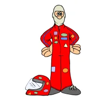 Pilote de formule 1 en combinaison Pilote de formule 1 en combinaison rouge souriant à côté de son casque posé au sol — exercice de maths en 4ème sur la vitesse moyenne