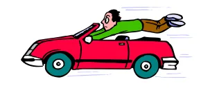 Automobiliste et voiture rouge Automobiliste couché sur le capot de sa voiture décapotable rouge roulant vite entre deux villes — exercice de maths en 4ème sur la vitesse moyenne