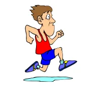 Coureur de marathon en action Coureur de marathon en maillot rouge et short bleu qui court près d’une flaque — exercice de maths en 4ème sur la vitesse moyenne