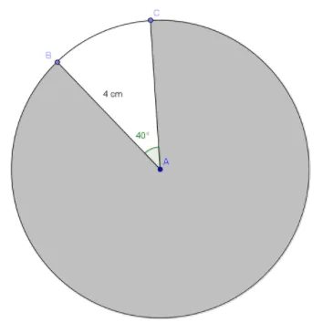 Disque avec secteur de 40 degrés Disque de centre A avec secteur angulaire de 40 degrés et rayon AB de 4 cm, partie grisée — exercice de maths en 4ème sur la proportionnalité