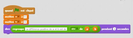 Script Scratch différence positive Script Scratch mettant a à 6 et b à 9 puis disant la différence positive de a et b avec valeur absolue — programmation en 4ème
