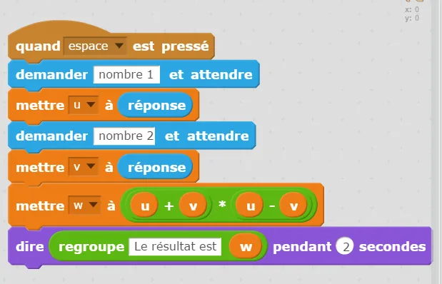 Script Scratch calcul avec u et v Script Scratch quand espace pressé qui demande deux nombres u et v puis calcule u plus v fois u moins v — programmation en 4ème