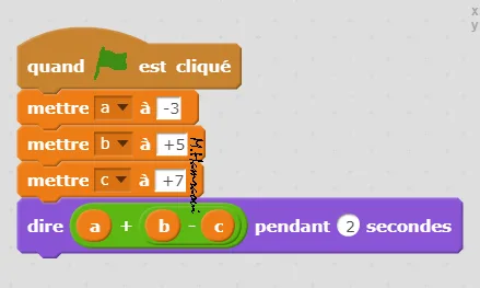 Script Scratch nombres relatifs Script Scratch mettant a à -3, b à +5, c à +7 puis disant a plus b moins c — relatifs et programmation en 4ème