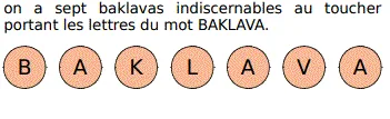 Sept jetons du mot BAKLAVA Sept jetons portant les lettres B, A, K, L, A, V, A du mot BAKLAVA — exercice de maths en 4ème sur les probabilités