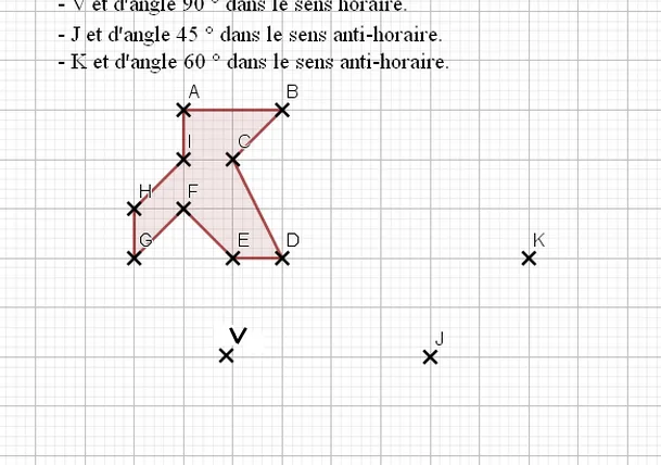Polygone ABCDEFGHI et centres V, J, K Polygone ABCDEFGHI en forme de soulier sur quadrillage, avec les centres V, J et K — exercice de maths en 4ème sur la rotation et construction d'images