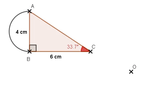 Triangle ABC, demi-disque et point O Triangle ABC rectangle en B avec AB = 4 cm, BC = 6 cm, demi-disque sur AB et point O — exercice de maths en 4ème sur la rotation, rotation et aires