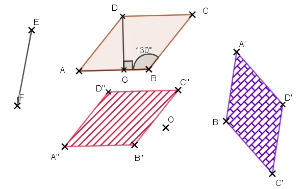 Parallélogramme ABCD et ses images Parallélogramme ABCD, son image par translation A^{\prime}^{\prime}B^{\prime}^{\prime}C^{\prime}^{\prime}D^{\prime}^{\prime} hachurée et son image par rotation A^{\prime}B^{\prime}C^{\prime}D^{\prime} — exercice de maths en 4ème sur la rotation et translation