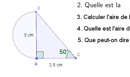 Triangle ABC et demi-disque Triangle ABC rectangle en A avec AB = 3 cm, AC = 2,5 cm et demi-disque sur AB — exercice de maths en 4ème sur la rotation et translation