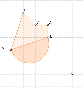 Figure orange et point O Figure orange formée d'un triangle, d'un carré et d'un demi-disque avec les points A, B, C, D, E et O — exercice de maths en 4ème sur la rotation
