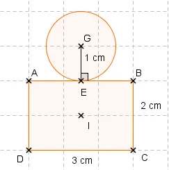 Rectangle ABCD et disque de centre G Rectangle ABCD de 3 cm sur 2 cm surmonté d'un disque de rayon 1 cm centré en G — exercice de maths en 4ème sur la rotation et aires