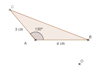 Triangle ABC et point O Triangle ABC avec AB = 4 cm, AC = 3 cm, angle de 130 degrés en A, et point O — exercice de maths en 4ème sur la rotation, rotations d'angles 60 et 75 degrés