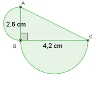 Figure verte du triangle ABC Figure verte avec AB = 2,6 cm, BC = 4,2 cm et deux demi-disques, triangle ABC rectangle en B — exercice de maths en 4ème sur la rotation, rotation de 80 degrés