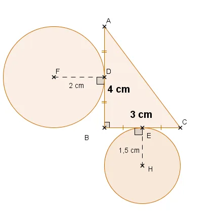 Triangle ABC et deux disques Triangle ABC rectangle en B avec AB = 4 cm, BC = 3 cm et deux disques de rayons 2 cm et 1,5 cm — exercice de maths en 4ème sur la rotation, aires