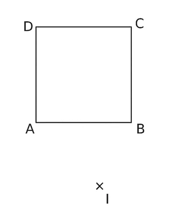 Carré ABCD et point I Carré ABCD et point I marqué d'une croix en dessous — exercice de maths en 4ème sur la rotation, images du carré par rotation