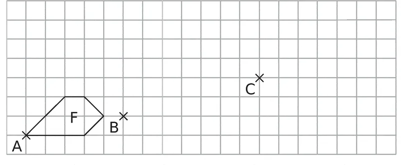 Figure F sur quadrillage avec A, B, C Quadrillage avec la figure F, les points A, B et C marqués d'une croix — exercice de maths en 4ème sur la rotation et symétrie centrale