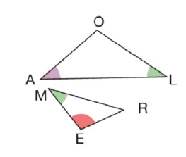 Triangles MER et OLA Triangles MER et OLA aux angles marqués en couleur, sommets M, E, R, O, L et A — exercice de maths en 4ème sur les triangles semblables