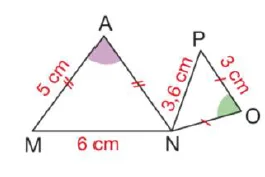 Triangles AMN et NOP angles vert violet Deux triangles AMN et NOP aux angles violet et vert, côtés 5 cm, 6 cm, 3,6 cm et 3 cm — exercice de maths en 4ème sur les triangles semblables