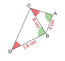 Triangles ABC et BCD accolés Triangles ABC et BCD accolés avec angles marqués égaux, AB 4 cm, BC 6 cm et BD 7,5 cm — exercice de maths en 4ème sur les triangles semblables