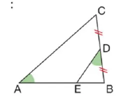 Triangle ABC avec D milieu et E Triangle ABC avec D milieu de BC et E sur AB, angles BDE et BAC égaux — exercice de maths en 4ème sur les triangles semblables