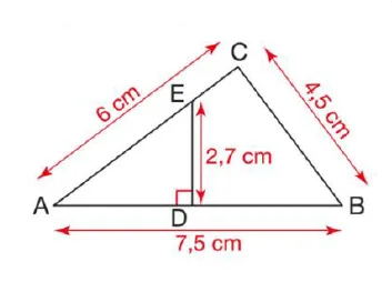 Triangle ABC et triangle ADE rectangle Triangle ABC avec E sur AC et D sur AB, ED 2,7 cm perpendiculaire, AC 6 cm, BC 4,5 cm, AB 7,5 cm — exercice de maths en 4ème sur les triangles semblables