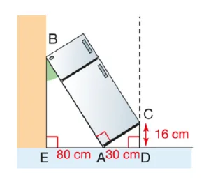 Réfrigérateur incliné contre le mur Réfrigérateur incliné contre un mur, points B, C, A, D, E, mesures 16 cm, 80 cm et 30 cm — exercice de maths en 4ème sur les triangles semblables