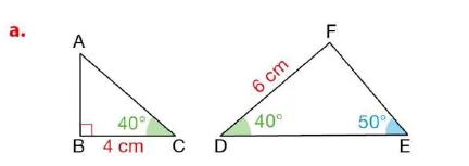 Triangles ABC et DEF cas a Triangle ABC rectangle en B avec BC 4 cm et angle 40°, et triangle DEF avec angles 40° et 50° et côté 6 cm — exercice de maths en 4ème sur les triangles semblables