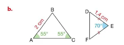 Triangles ABC et DEF cas b Triangle ABC isocèle avec deux angles de 55° et côté 2 cm, triangle DEF avec angle 70° et côté 1,4 cm — exercice de maths en 4ème sur les triangles semblables