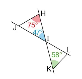 Droites sécantes en I et angles Droites HK et JL sécantes en I formant les triangles HIJ et ILK avec angles 75°, 47° et 58° — exercice de maths en 4ème sur les triangles semblables