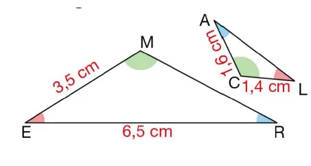 Triangles semblables MER et LAC Triangles MER et LAC avec ME = 3,5 cm, ER = 6,5 cm, AC = 1,6 cm et CL = 1,4 cm — exercice de maths en 4ème sur les triangles semblables et côtés homologues