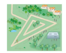 Plan des deux circuits du parc Plan d'un parc avec deux circuits triangulaires emboîtés, chemins, arbres et bâtiments — exercice de maths en 4ème sur les triangles semblables et le périmètre
