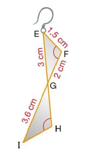 Boucle d'oreille en deux triangles Boucle d'oreille en argent formée des triangles EFG et GHI sécants en G avec EF = 1,5 cm, EG = 3 cm, FG = 2 cm, GI = 3,6 cm — maths en 4ème, triangles semblables