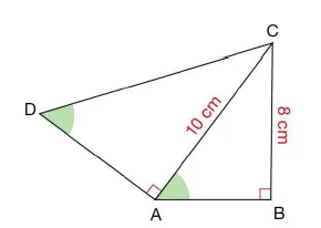 Triangles rectangles ABC et DAC Triangles rectangles ABC en B et DAC en A avec AC = 10 cm et BC = 8 cm, angles marqués en vert — exercice de maths en 4ème sur les triangles semblables