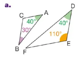 Triangles ABC et DEF cas a Triangles ABC avec angles 40° et 30° et DEF avec angles 40° et 110°, cas a — exercice de maths en 4ème sur les triangles semblables