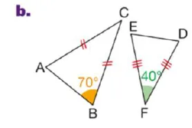 Triangles ABC et DEF cas b Triangles ABC avec angle 70° et côtés égaux codés et DEF avec angle 40°, cas b — exercice de maths en 4ème sur les triangles semblables