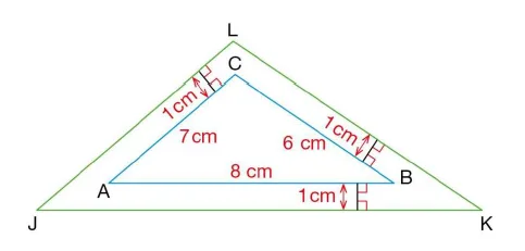 Triangles emboîtés ABC et JKL Triangle ABC avec AB = 8 cm, AC = 7 cm, BC = 6 cm, entouré du triangle JKL à 1 cm de chaque côté — exercice de maths en 4ème sur les triangles semblables