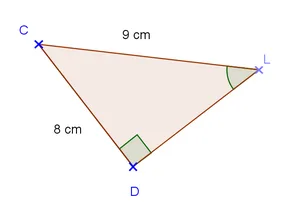 Triangle CDL rectangle en D Triangle CDL rectangle en D avec CL = 9 cm et CD = 8 cm, angle en L marqué — exercice de maths en 3ème de trigonométrie
