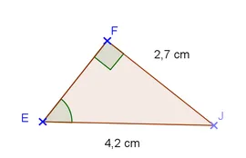 Triangle EFJ rectangle en F Triangle EFJ rectangle en F avec FJ = 2,7 cm et EJ = 4,2 cm, angle en E marqué — exercice de maths en 3ème de trigonométrie