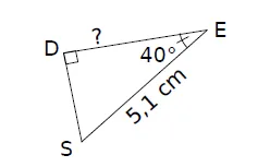 Triangle DES rectangle en D Triangle DES rectangle en D avec ES = 5,1 cm et angle de 40° en E, longueur DE à calculer — exercice de maths en 3ème de trigonométrie